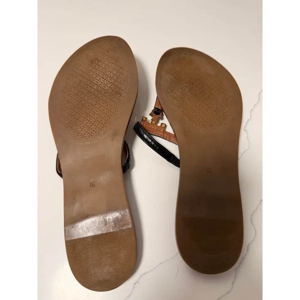 Tory Burch Black Leather Logo Thong Sandals Gold Double T Women’s 8.5